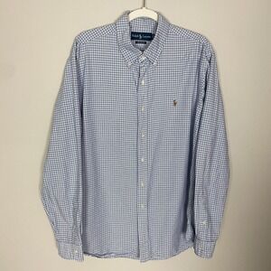 Ralph Lauren Button Down Shirt Mens XL Custom Fit Flesh Pony Blue Plaid Cotton